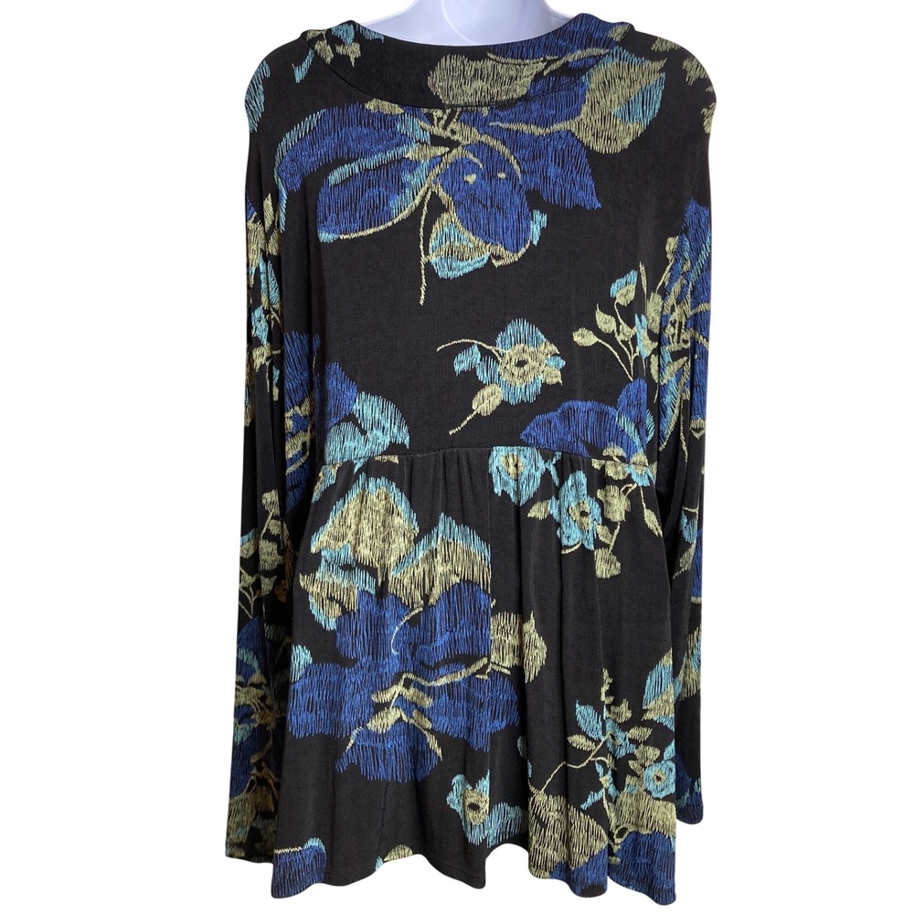 Fiber Arts Womens Liquid Knit Black Blue Dark Floral Blouse Est Sz 3X‎ Flowy - Picture 2 of 11